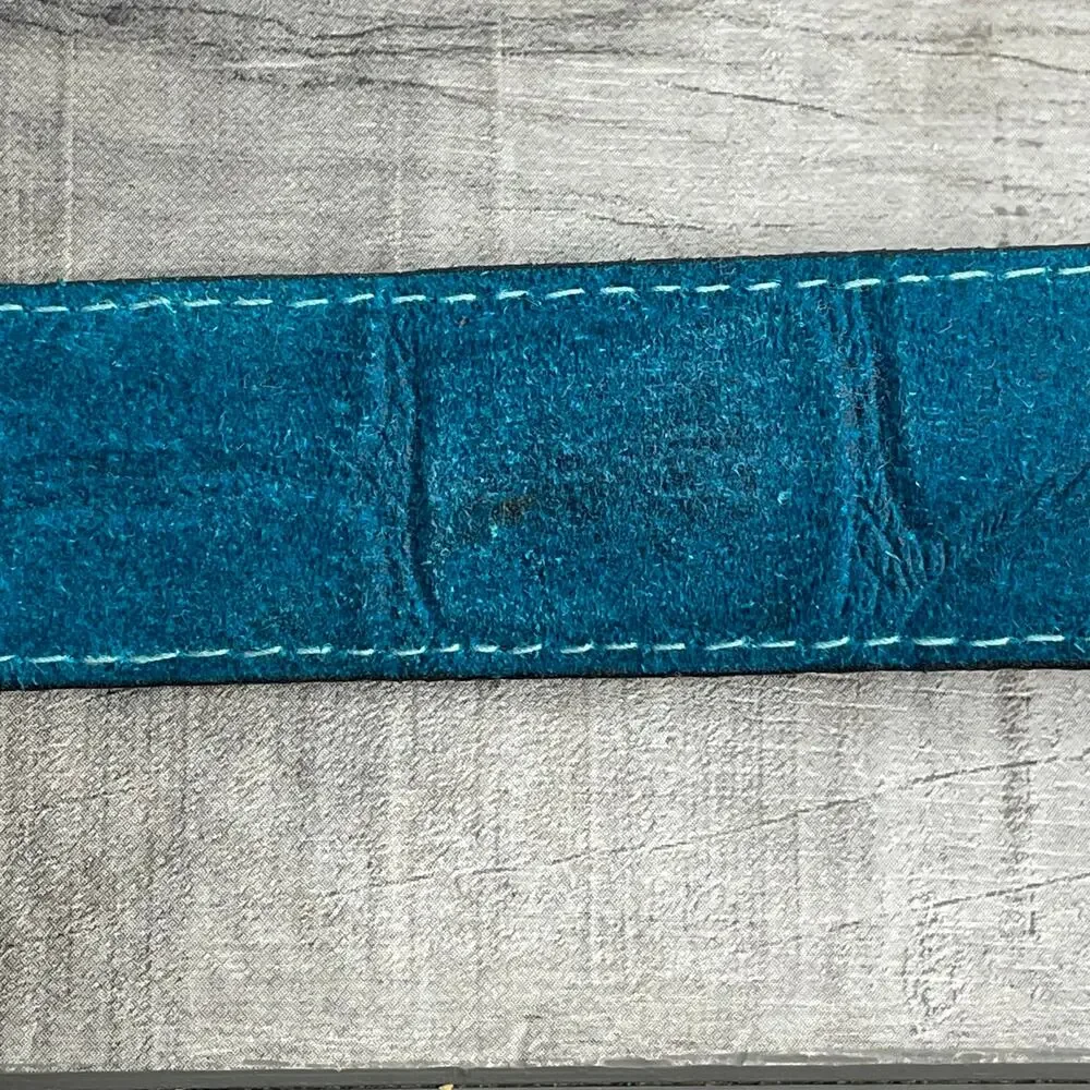 Vintage Native American Indian Head Silver Buckle Teal Calfskin Leather Belt S